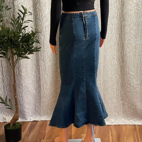 Zealous Yarnn Studios Denim Fishtail Mermaid Flare Midi Jean Skirt Size S - Picture 4 of 8